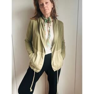 Anthropologie Hooded Open Front Cardigan Mixed Media Olive Green Medium
